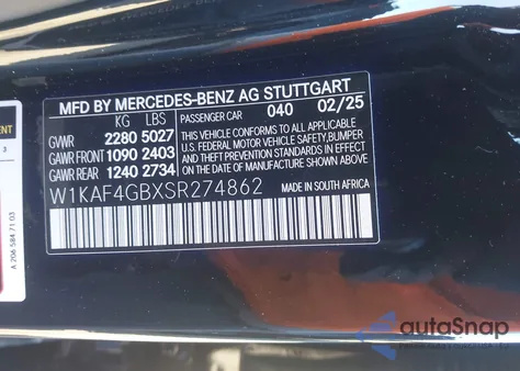 2025 Mercedes-Benz C 300 из США, поврежденный, VIN W1KAF4GBXSR274862
